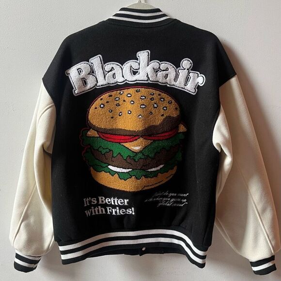 Black Air Varsity Letterman Jacket Black & White Better With Fries Preowned - Picture 4 of 5